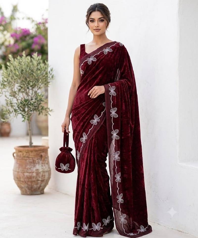 Maroon color fendy satin space silk blend solid diamond siroski work saree with un-stitched blouse