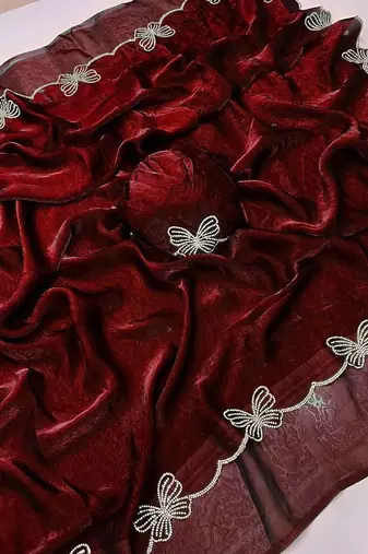 Maroon color fendy satin space silk blend solid diamond siroski work saree with un-stitched blouse