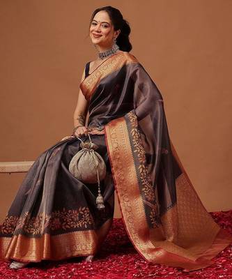 Grey printed art silk ethnic saree with blouse piece 3
