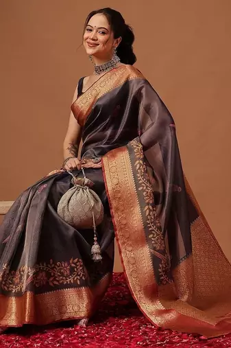 Grey printed art silk ethnic saree with blouse piece