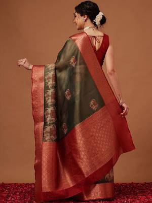 Olive printed art silk ethnic saree with blouse piece 2