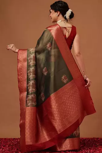 Olive printed art silk ethnic saree with blouse piece