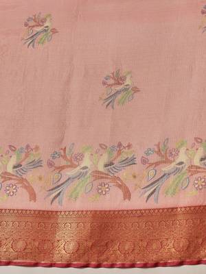 Peach woven art silk traditional saree with blouse piece 5
