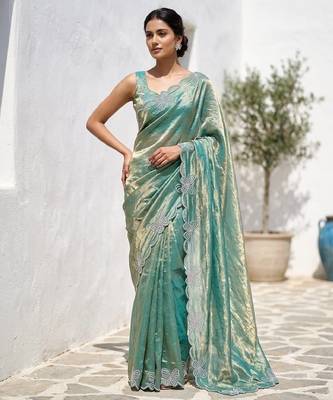Sky blue fendy satin space silk blend solid diamond siroski work saree with un-stitched blouse 1