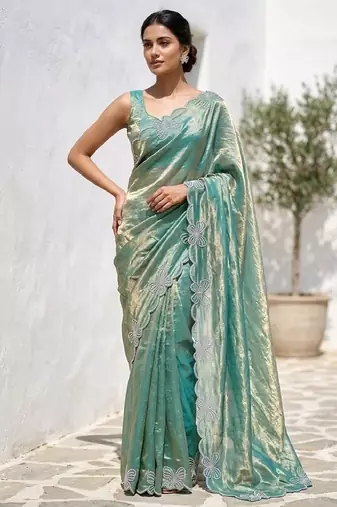 Sky blue color fendy satin space silk blend solid diamond siroski work saree with un-stitched blouse