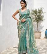 Sky blue color fendy satin space silk blend solid diamond siroski work saree with un-stitched blouse