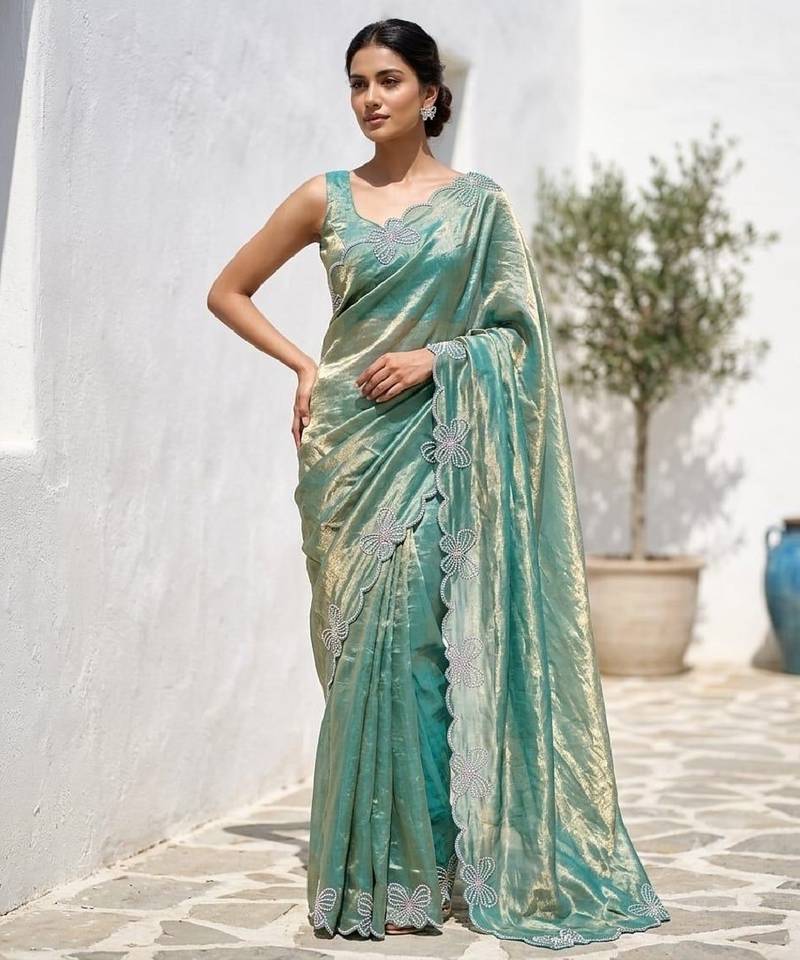 Sky blue color fendy satin space silk blend solid diamond siroski work saree with un-stitched blouse