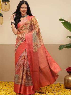 Multicolor printed tissue traditional saree with blouse piece 1