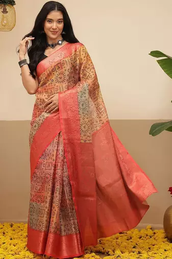 Multicolor printed tissue traditional saree with blouse piece