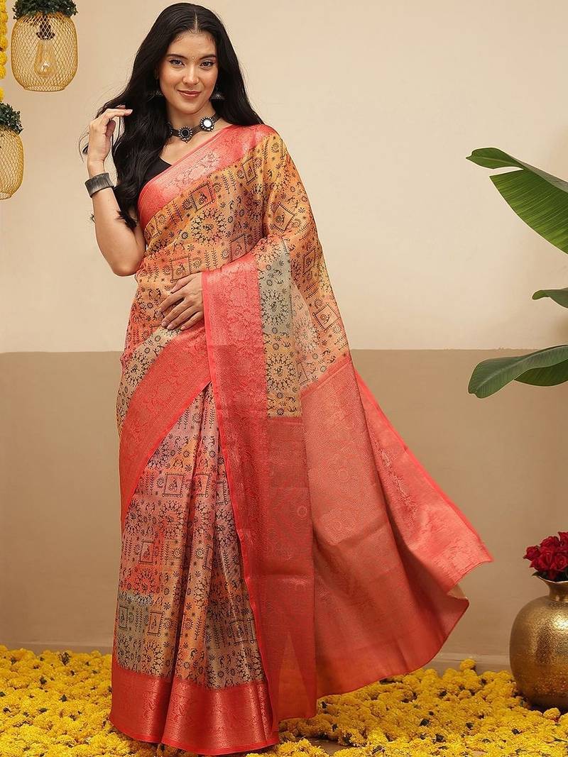Multicolor printed tissue traditional saree with blouse piece