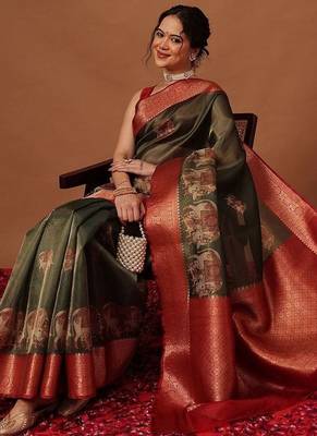 Olive printed art silk ethnic saree with blouse piece 3
