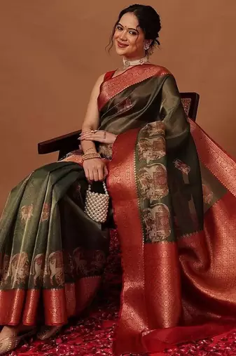 Olive printed art silk ethnic saree with blouse piece
