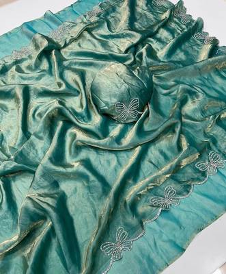 Sky blue fendy satin space silk blend solid diamond siroski work saree with un-stitched blouse 2