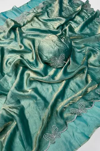 Sky blue color fendy satin space silk blend solid diamond siroski work saree with un-stitched blouse