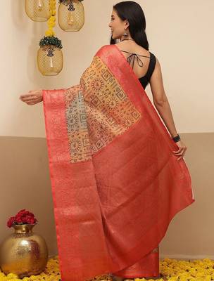 Multicolor printed tissue traditional saree with blouse piece 2