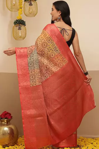 Multicolor printed tissue traditional saree with blouse piece