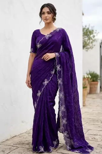 Purple color fendy satin space silk blend solid diamond siroski work saree with un-stitched blouse