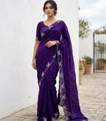 Purple color fendy satin space silk blend solid diamond siroski work saree with un-stitched blouse