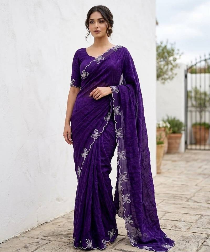 Purple color fendy satin space silk blend solid diamond siroski work saree with un-stitched blouse