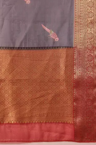 Grey printed art silk ethnic saree with blouse piece