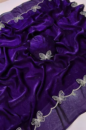 Purple color fendy satin space silk blend solid diamond siroski work saree with un-stitched blouse