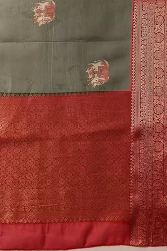 Olive printed art silk ethnic saree with blouse piece
