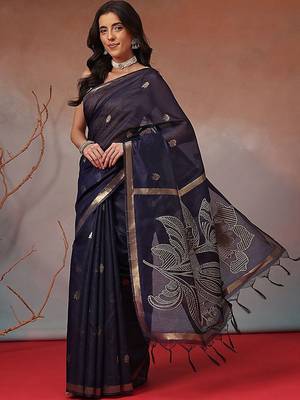 Navy blue embroidered cotton blend traditional saree with blouse piece 1