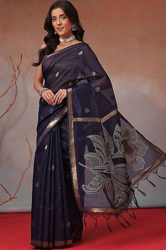 Navy blue embroidered cotton blend traditional saree with blouse piece