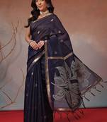Navy blue embroidered cotton blend traditional saree with blouse piece