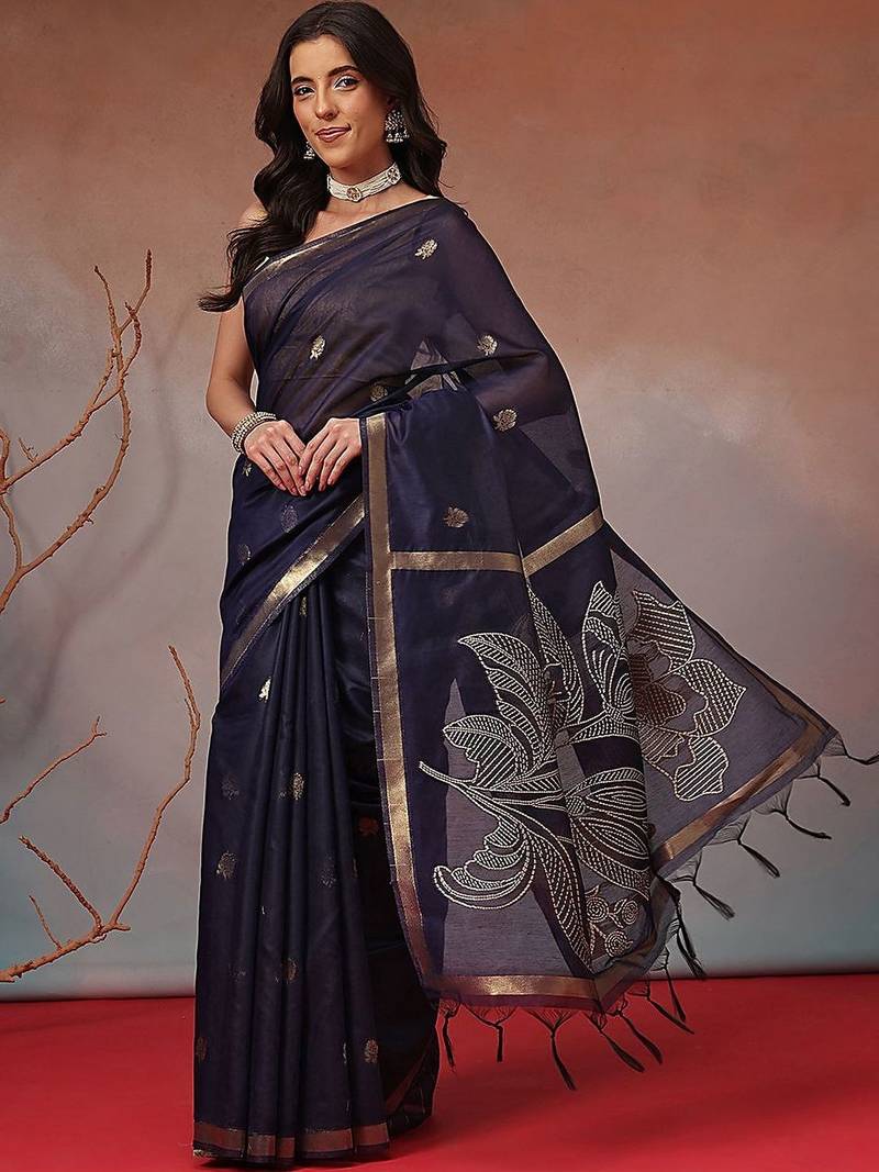 Navy blue embroidered cotton blend traditional saree with blouse piece