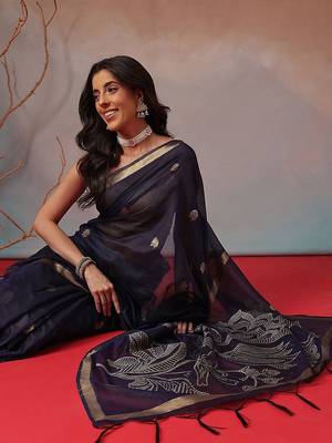 Navy blue embroidered cotton blend traditional saree with blouse piece 2