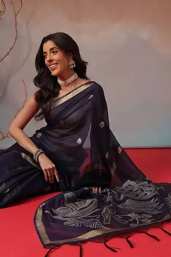 Navy blue embroidered cotton blend traditional saree with blouse piece