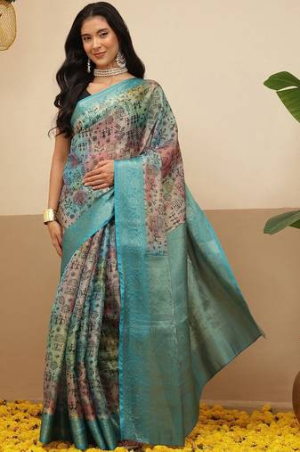 Multicolor printed tissue traditional saree with blouse piece