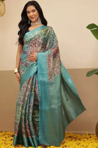 Multicolor printed tissue traditional saree with blouse piece