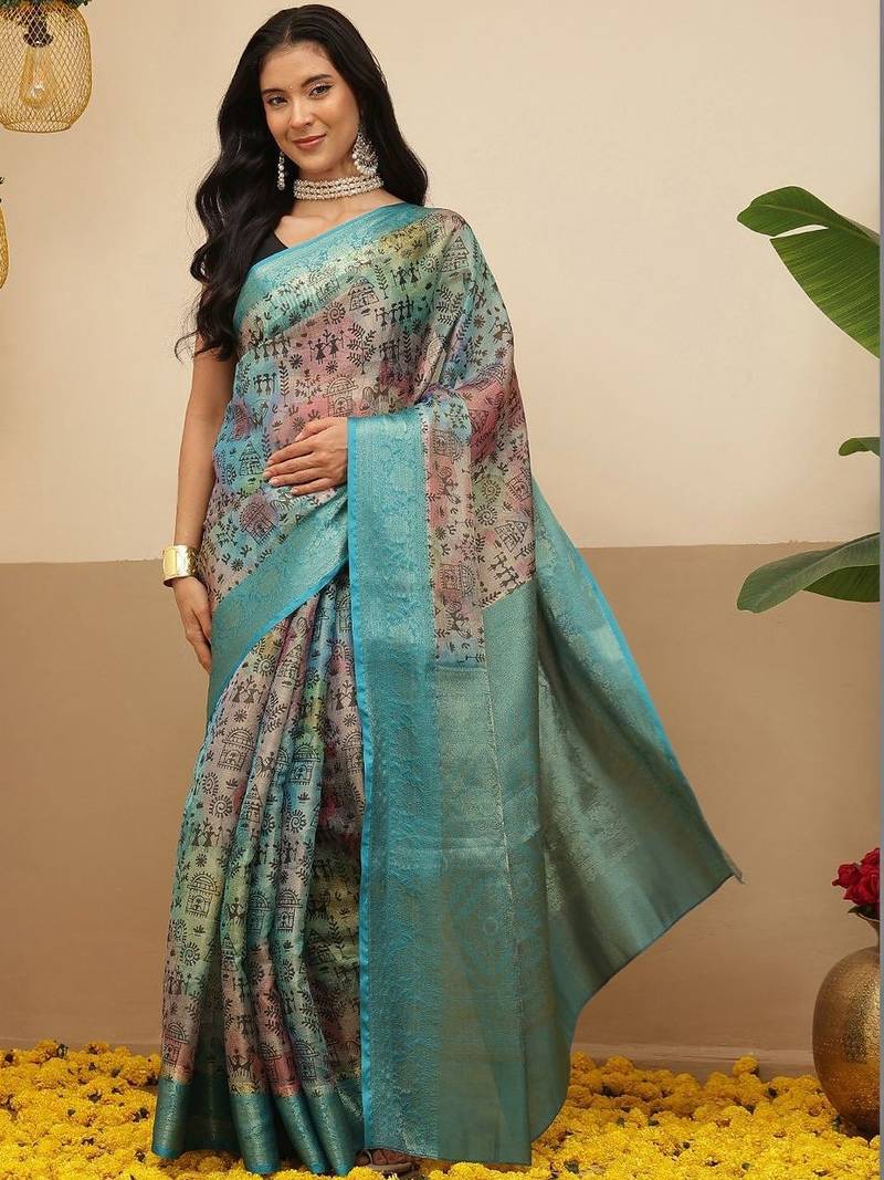 Multicolor printed tissue traditional saree with blouse piece