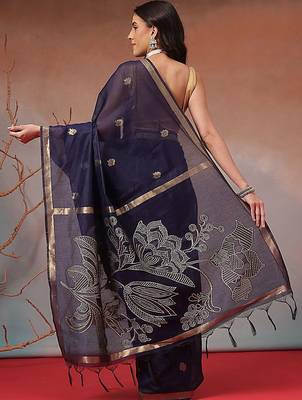 Navy blue embroidered cotton blend traditional saree with blouse piece 3