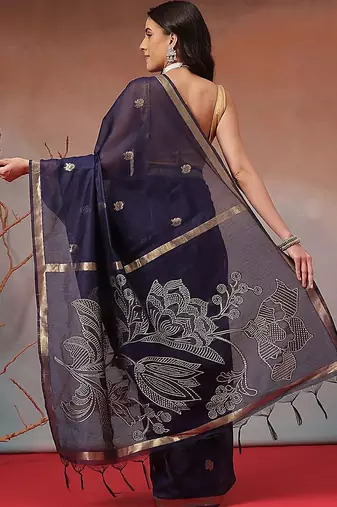 Navy blue embroidered cotton blend traditional saree with blouse piece