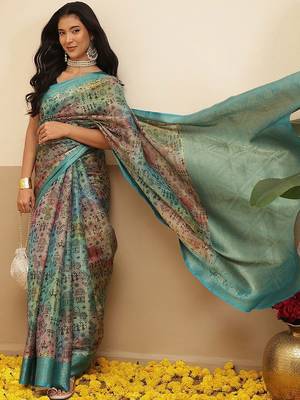 Multicolor printed tissue traditional saree with blouse piece 2