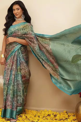 Multicolor printed tissue traditional saree with blouse piece