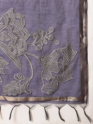Navy blue embroidered cotton blend traditional saree with blouse piece 5