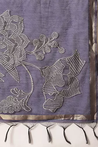 Navy blue embroidered cotton blend traditional saree with blouse piece