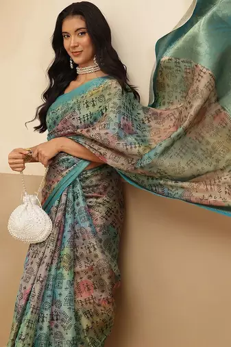 Multicolor printed tissue traditional saree with blouse piece