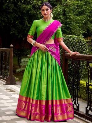 Glorious Green Zari Waving Cotton Wedding Wear Half Saree Lehenga 1