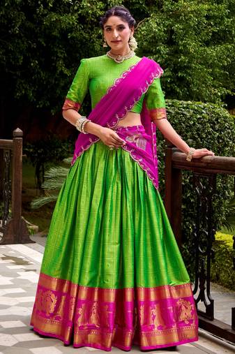 Glorious Green Zari Waving Cotton Wedding Wear Half Saree Lehenga