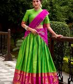 Glorious Green Zari Waving Cotton Wedding Wear Half Saree Lehenga