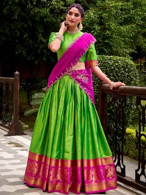 Glorious Green Zari Waving Cotton Wedding Wear Half Saree Lehenga 2