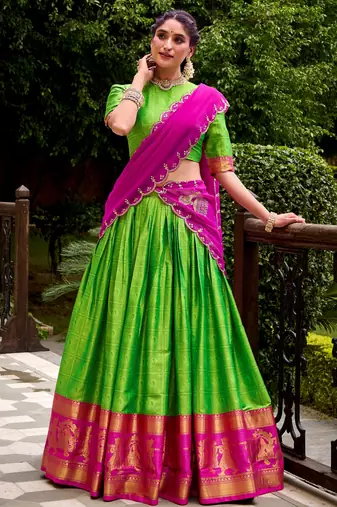 Glorious Green Zari Waving Cotton Wedding Wear Half Saree Lehenga