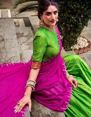 Glorious Green Zari Waving Cotton Wedding Wear Half Saree Lehenga 3