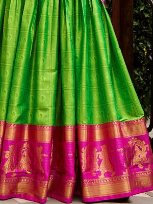 Glorious Green Zari Waving Cotton Wedding Wear Half Saree Lehenga 4