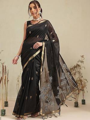 Black embroidered cotton blend traditional saree with blouse piece 1